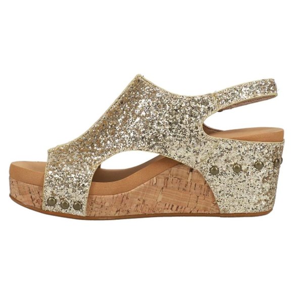 CORKYS Carley Glitter Peep Toe Wedge Sandals Gold 7-11 NWT - Picture 3 of 5